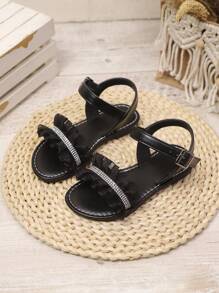 1 Pair Plus Size Black Shiny PU Strap Rhinestone Decor Flat Sandals For Teenage Girls, Round Toe Comfortable Non-Slip Beach Summer Shoes, Suitable For 3-15 Years Old Girls, Casual/Party/Vacation
