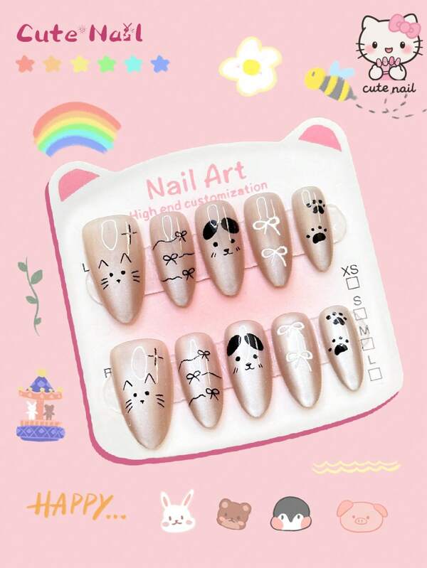 Sanrio Sanrio Cute Nails Art 10Pcs/Set Cute Handmade Nails Almond Nail Tips Square Nail Tips French Tip Nails French Tip Nails Green Bamboo And Panda Paw Print Pattern Design Fake Nails Acrylic Press On Nails Green French Cat-Eye Nail Stickers