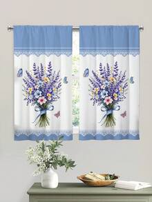 2pcs Romantic Butterfly Bouquet Short Curtain,Without Holes Curtain,Refer To Bedroom Office Kitchen Living Room Study Home Decor - Multicolor - View 4