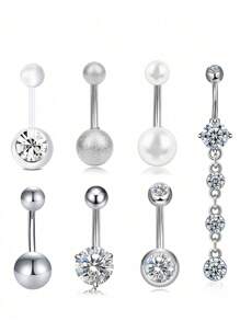 1 Set (7pcs) White Stone Butterfly Zirconia Navel Rings, Women Belly Button Piercing Crystal Navel Studs Body Jewelry Set