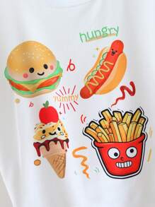 Conjunto de camiseta de manga corta con cuello redondo y estampado de hamburguesa lindo, y pantalones cortos con estampado de cuadros para niñas