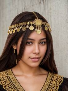 1pc Ottoman Empire Pattern Tassel & Coin Decor Metal Head Chain, Middle Eastern Style, For Daily, Party, Festival Wear, Bride To Be, Hair Accessories For Women - Gold - View 2