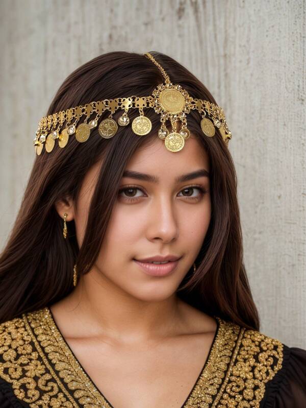 1 Stück Vintage Osmanisches Reich Muster Metall Münze Anhänger Kopfkette, Orientalischer Stil Kopfschmuck für Alltag, Party, Festivalkleidung