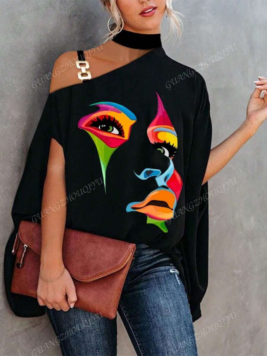 2025 Neuankömmling Damen Lässig Metall-Schnallen Schräg Schulter Muster Locker Sitz T-Shirt für den täglichen Gebrauch, Sommer