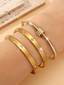 ZNICE 3pcs/Set 18K Gold Plated Stainless Steel Heart Nail Bracelet, Inlaid With Square Cubic Zirconia Four-Leaf Flower Bracelet, Waterproof, European And American Style Jewelry For Women, Suitable For Daily Wear, Casual, Wedding, Party, Valentine's Day Gift, Mother's Day Gift