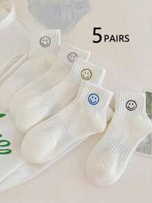 1/5/10 Pairs Women Solid Color Smiling Face Versatile Daily Casual Korean Style Fashionable High Quality Mother's Day Gift Soft & Comfortable Moisture Wicking Crew Socks