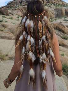 女式头巾波西米亚风羽毛头带嬉皮头饰黑色服装头饰羽毛头饰女士发饰时尚发饰经典发带秋冬度假装女士优雅围巾 - 彩色 - 查看 14