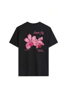 PLAYERA DE DAMA CON ESTAMPADO DE AZUCENA SIMPLE JOY TRASERA PARA GYM O CASUAL - Negro - Ver 2