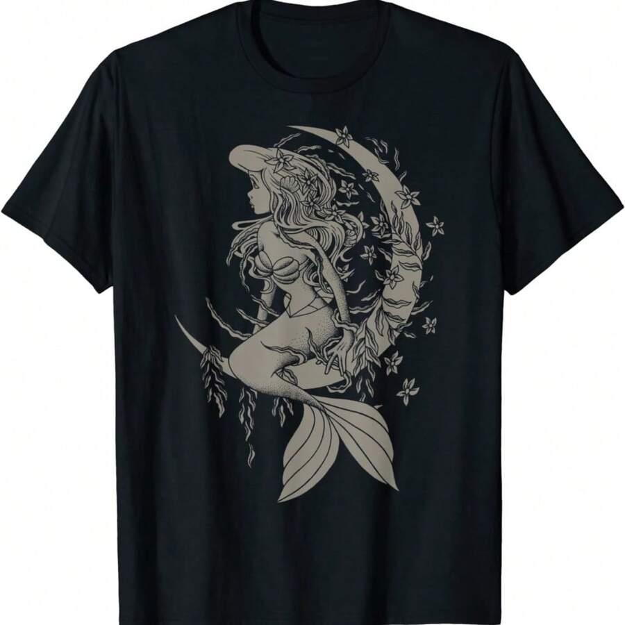 Fashion-Little Mermaids Ariels Tattoo Style Portrait T-Shirt - 黑色 - 查看 1