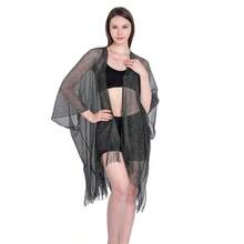 Playa de pareos para mujer,Bufanda plana, chal grande, manga de cinta dorada y plateada, chal con aberturas, blusa de bikini de vacaciones, ropa de protección solar - Negro+Hilo de plata - Ver 2