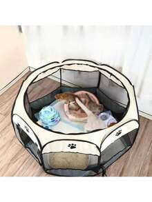 1 Pc Brown Pet Enclosure, Octagonal Cage, Dog And Cat House, Dog Bed, Dog Mat, Cat Delivery Room, Moving Transition Adaptation Room, Oxford Cloth Breathable Mesh, Steel Wire Support, No Deformation, Open For Use, No Installation Required, Foldable Storage, Easy To Clean Pet Supplies