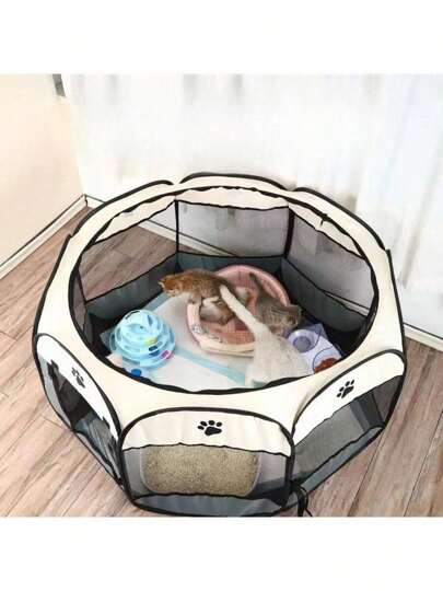 1 Pc Brown Pet Enclosure, Octagonal Cage, Dog And Cat House, Dog Bed, Dog Mat, Cat Delivery Room, Moving Transition Adaptation Room, Oxford Cloth Breathable Mesh, Steel Wire Support, No Deformation, Open For Use, No Installation Required, Foldable Storage, Easy To Clean Pet Supplies