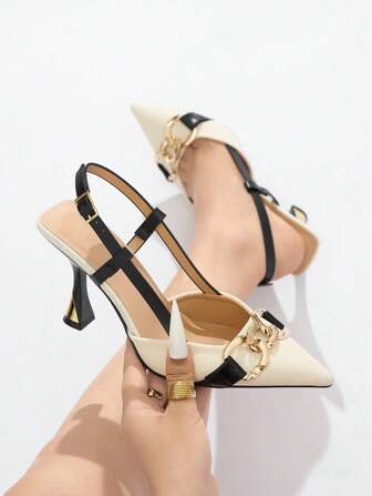 2025秋冬新款女士尖头粗跟高跟鞋，饰有链条，撞色设计，优雅百搭，适合日常通勤、派对、婚礼、正式场合，四季皆宜，黑色高跟鞋，优雅大方。