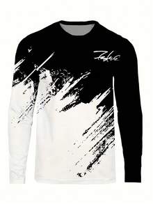 Maglietta a maniche lunghe casual a blocchi di colore bianco e nero con motivo 3D, adatta per attività all'aperto, top traspirante a collo tondo, lavabile in lavatrice, versione regolare, design alla moda, moda streetwear, struttura durevole - Multicolore - Visualizzare 4