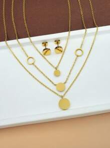 Women's Gold Layered Stainless Steel Necklace 18k Gold-Plated Exquisite Smooth Round Gold Coin Earrings Fashionable Layered Heart Cute Pendant Necklace Set Of Women's Ear Studs Gold Jewelry, For Valentine's Day, Wedding Season, Anniversaries, Mother's Day, Gifts For Family And Friends