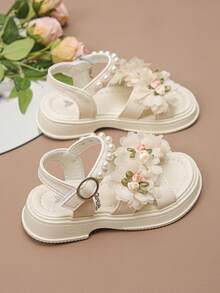 Girls' Fashionable & Cute Flower Pearl Design Flat Open Toe Sandals, Soft & Comfortable, Random Flower Placement Front & Back