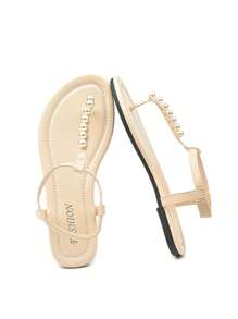 2025 Summer New Flat Flip-Flops Elegant Women's Shoes, Pearl Decor Casual Versatile Ladies Sandals, Comfortable Beach Resort Atmosphere Women Beach Shoes