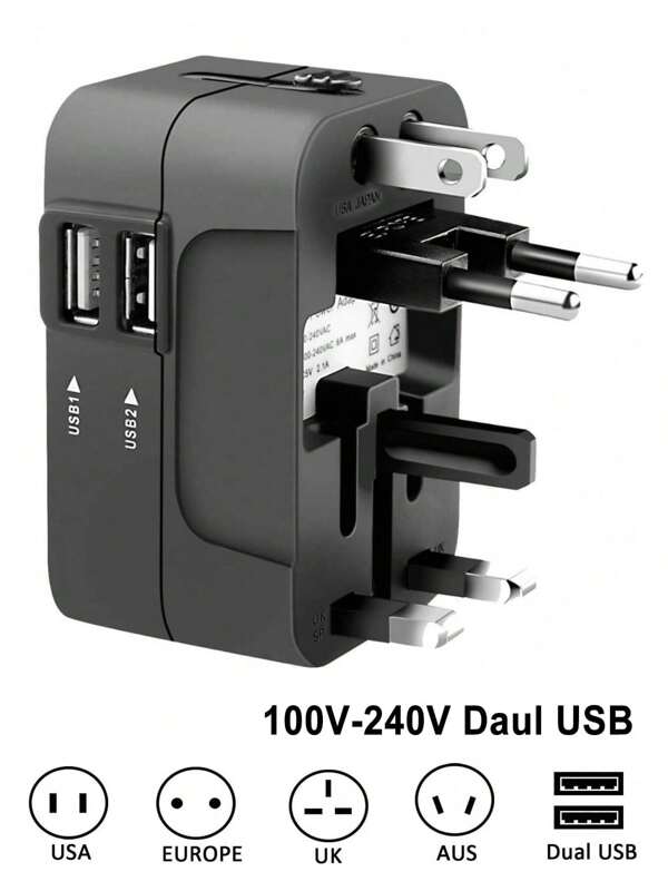 Universeller Reiseadapter mit Dual-USB-Anschlüssen, 110V-240V Eingang, EU/US/UK/AU-Stecker, Überspannungsschutz, für über 150 Länder, unverzichtbar für Geschäftsreisen und Urlaub