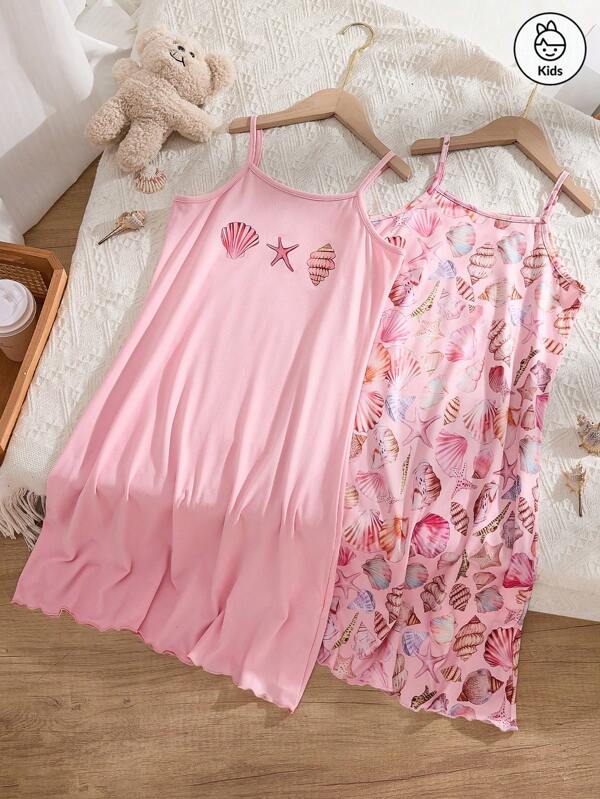 Conjunto de 2 peças de camisola suspensório com estampa de conchas e estrelas do mar, elegante e doce para meninas, criando um estilo princesa confortável, perfeito para relaxar em casa no verão