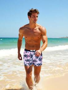 1pc Tropical Print Men's Quick-Dry Swimming Trunks, Beach Vacation - Pink - View 5