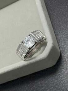 1 pieza Anillo de diseño geométrico elegante de plata S925 con piedra sintética de circonita brillante, regalo de joyería de alta calidad para hombres, anillo de compromiso - Plateado - Ver 6