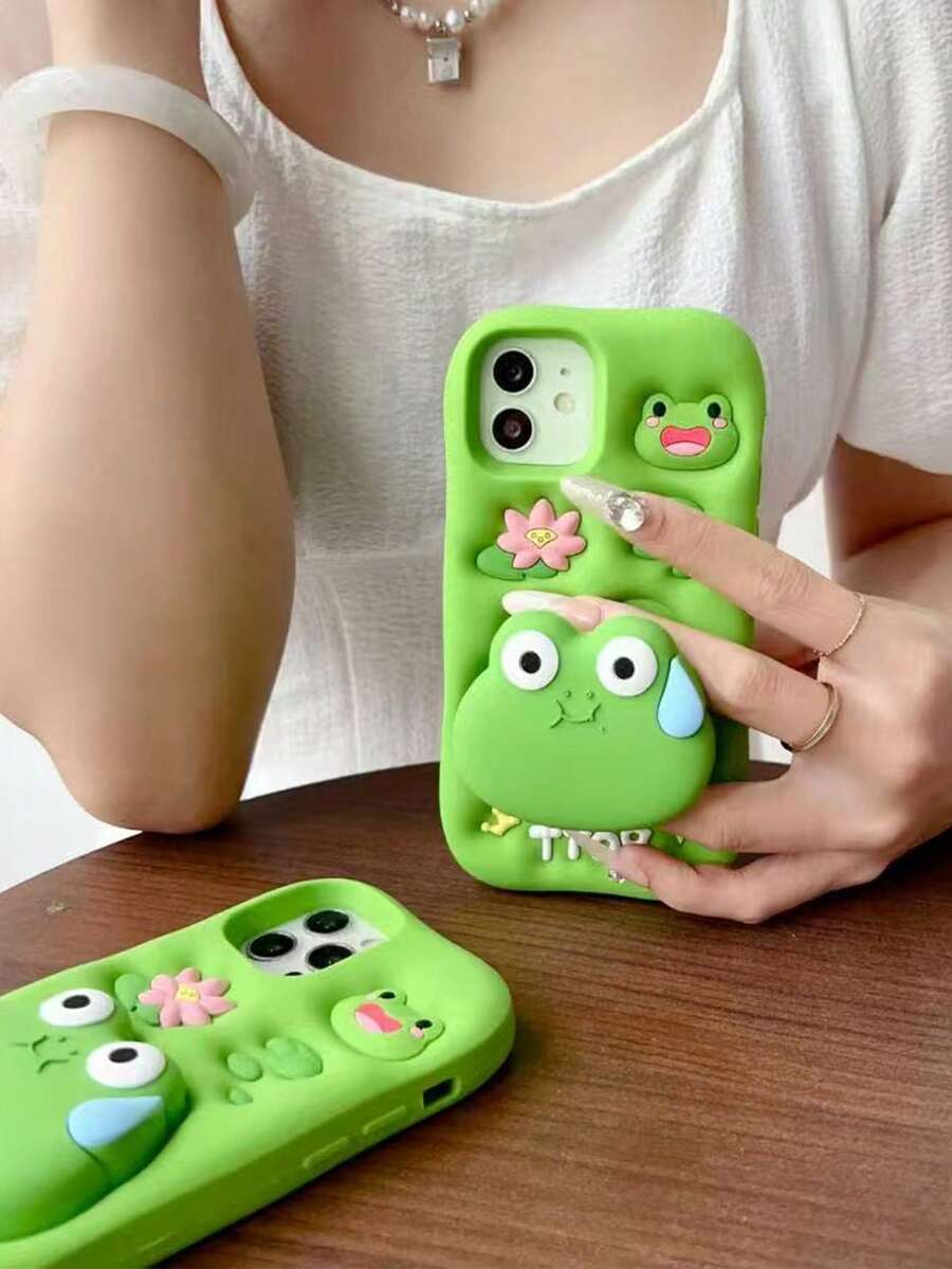 1pc Fashionable 3D Silicone Cartoon Cute Frog Expandable Stand Shock-Proof Phone Case Cover Compatible With Iphone 11/12/13/14/15/16/Pro Waterproof Anti-Fall Scratch Resistant - Green - View 1