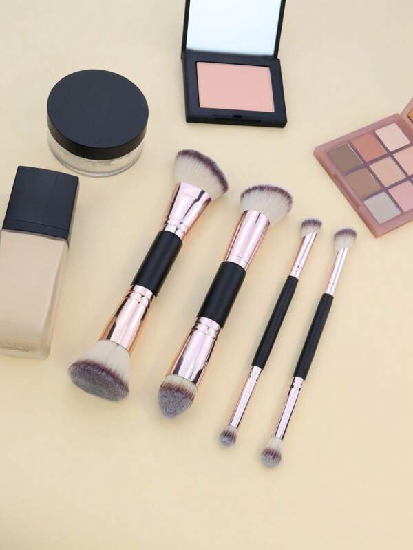 4Pcs Professional Facial Double-Ended Makeup Brush Set ,Bevel&Taper Foundation Brush Contour Brush Blush Brush Powder Brush Eyeshadow Brush Concealer Brush Highlight Brush Smudge Brush,Makeup Tools With Soft Fiber For Easy To Carrying,Set For Travel,Gift For Women&Girls