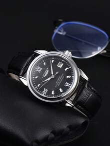 LONGLUX 1 Pc Men's Waterproof Single Calendar Automatic Mechanical Watch With Luminous Dial, Business Leather Band - Black - View 4