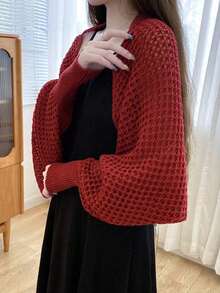 1pc Women's Spring/Summer Honeycomb Sleeve Cape Shawl With Knitted Collar & Hollow Out Detailing, Fashionable Outerwear Accessories Women For Dress - Multicolor - View 15