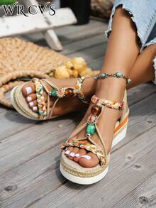 WRCVS 女士米色凉鞋，夏季厚底坡跟鞋，绳底，波西米亚风格手工串珠编织图案，波西米亚增高户外坡跟凉鞋