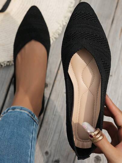 女士时尚尖头针织平底鞋，纯色休闲一脚蹬百搭乐福鞋