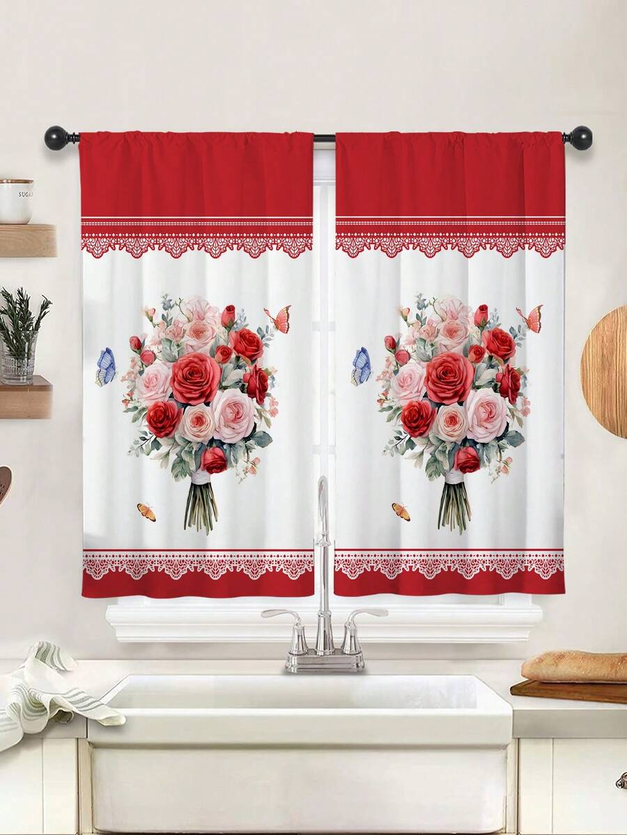 2 chiếc rèm cửa ngắn hình bó hoa hồng đỏ, rèm không có lỗ, tham khảo trang trí phòng ngủ, phòng làm việc, phòng bếp, phòng khách, phòng học - Nhiều màu - Xem 1