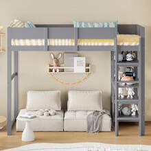 Sairedel Letto a soppalco con contenitore 90 x 200 cm, struttura letto in legno massello di pino con rete a doghe, letto per bambini e ragazzi grigio
