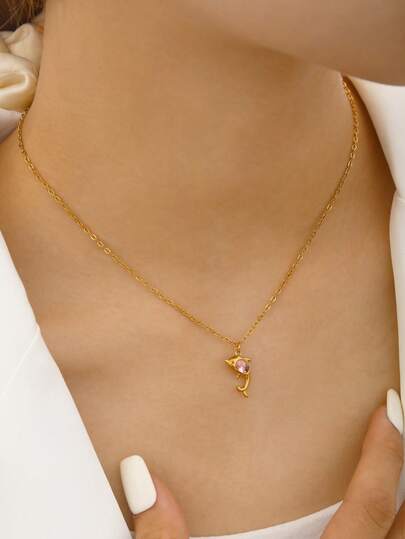 TONSI 1件优雅迷人可爱奢华简约不锈钢锆石18K镀金海洋生物钻石海豚吊坠项链，适合夏季海滩、度假、旅行、工作、日常佩戴、派对等场合，女士适用。