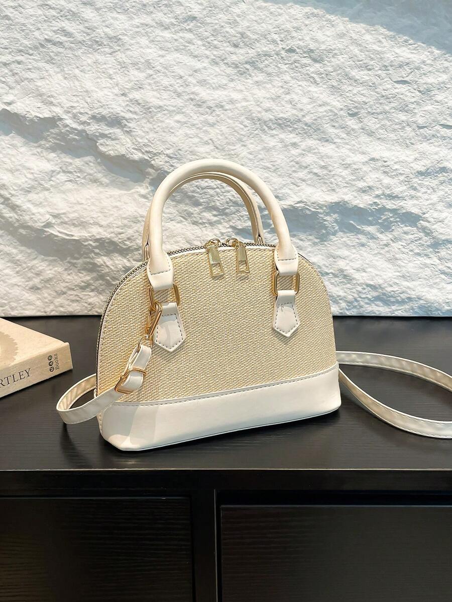 多用途时尚贝壳拼布托特包，个性化拼色手提包，多功能通勤斜挎包