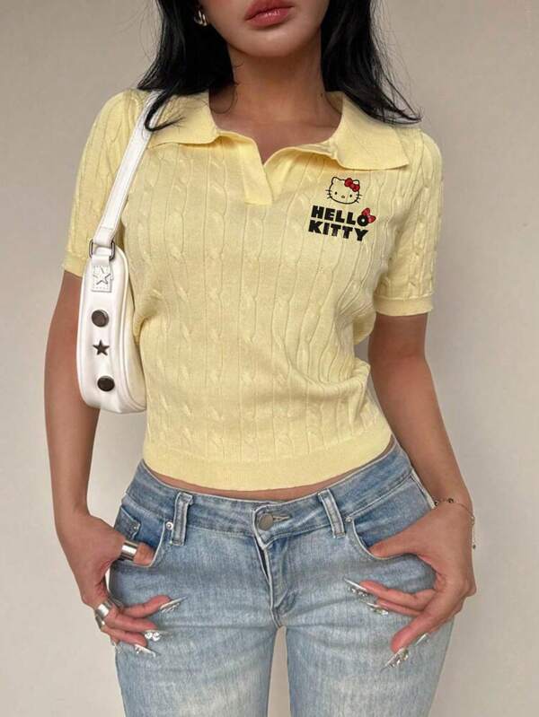 Sanrio 1pc Hello Kitty Cute Graphic Knit Cream Yellow Women Shirt Top, Luxury Blouse Sweater Tee Vintage Minimalist Style