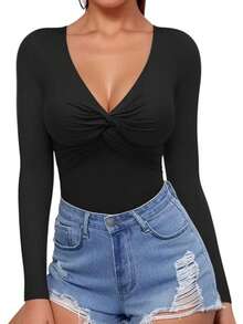 Wrap Bodysuit With Front Detail, Deep Neckline, Long Sleeves - Red - View 3