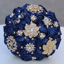 新娘婚礼奢华金叶蝴蝶珍珠花束，大型金钻缎带玫瑰婚礼花束，酒红色布艺永生花，布艺玫瑰人造花束情人节配饰 - 多款 - 查看 7