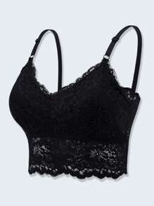 2 piezas Bralette de encaje de unicolor, Sujetador deportivo informal tipo top corto para mujeres, Camiseta de tirantes finos, Apta para todas las estaciones