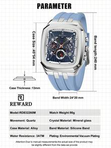 REWARD Men's Quartz Watch Business Fashion Style Timing Calendar Luminous Hands Multi-Functional Men Wristwatch High Quality Gift Classic Design Silicone Watch Band - Blue - View 8
