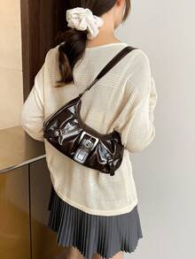 Túi xách nữ kiểu dáng cổ điển, chất liệu da mềm mại, được trang trí bằng đinh tán, khóa cài, xếp ly, hình dáng đám mây, thích hợp đeo vai, đeo chéo hoặc xách tay, dùng cho công sở, đi làm, hẹn hò, dự tiệc, v.v., thiết kế hình lưỡi liềm, màu đỏ tía thời trang, lấy cảm hứng từ sự nữ tính. - Cà phê nâu - Xem 3