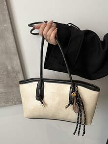 1 Túi đựng bowling bằng da PU trơn có khóa kéo chần bông, Túi tote dung tích lớn, Túi đeo vai phong cách cổ điển thời trang, Thích hợp cho phụ nữ sử dụng hàng ngày, Mùa thu/Đông - Màu be - Xem 3