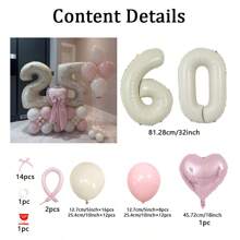 69 Stücke Elfenbein-Zahl-Ballonsatz, enthält 32 Zoll (81,28 cm) elfenbeinfarbeneFolie Ziffernballons, beige und hellrosa runde Latex-Ballons mit rosa Schleifen-Deko, geeignet für Jahrestag, Geburtstag, Hochzeit, Abschluss, Feiertag und Partydekoration