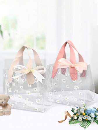 2 件/1 件雏菊花卉印花透明 PVC 手提袋，带织物手柄 - 多色透明礼品袋，适用于化妆品、服装包装、派对礼品和购物 - 非常适合生日庆祝和节日活动、礼品袋