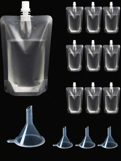 30pcs/15pcs Reusable Plastic Drink Pouches With Funnel - 300ml/500ml Self-Sealing Juice Bags | Leak-Proof, Transparent, Portable, Suitable For Outdoor, Coffee And Cold/Hot Drinks
