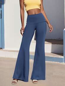 Women's Spring Summer Baggy Pants Foldover Waist Solid Color Loose Wide Leg Pants - Blue - View 6