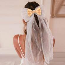 Custom Eternal Elegant Bridal Headpiece With Bow And Veil, Pearl Bow Hair Clip Tulle Veil Headband, Multiple Color Options, White Sheer Clip-On Wedding Accessories Suitable For Brides, Bridesmaids, Graduations And Bridal Parties