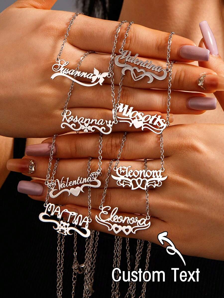 1pc Customized Name Necklace, Fashionable Stainless Steel Customizable In Various Styles, Laser Cut Pendant/Minimalist Design/Women & Men Summer Accessory/Birthday Party/Valentine's Day Gift - Silver - View 1