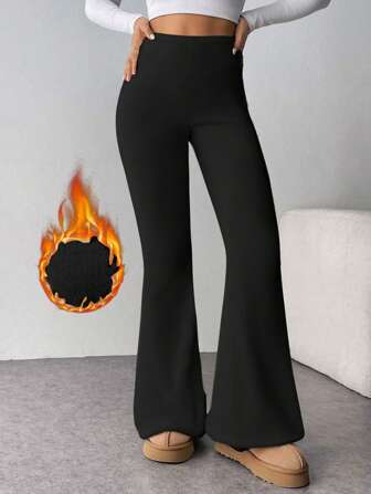 Hög midja, enfärgade, varma och utsvängda byxor för kvinnor, tjocka, varma leggings för fitness, mjuka yogabyxor, damkläder, utsvängda byxor för kvinnor, långbyxor för kvinnor