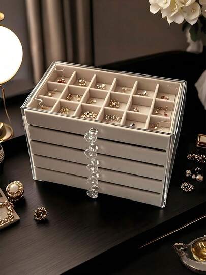 1pc, 54 Compartments, 5/3 Layers, Transparent, Velvet, Acrylic Jewelry Box - Large Capacity For Earrings, Rings, Necklaces, Home & Travel Use, Fade-Resistant Soft Pad Drawer Design, Size M Is Jewelry Tray (Purchase Carefully) (Includes Jewelry Tray), Women's Gift, Modern Style Jewelry Box, Jewelry Organizer With Multiple Drawers - Large Capacity For Earrings, Rings, Necklaces And Beads